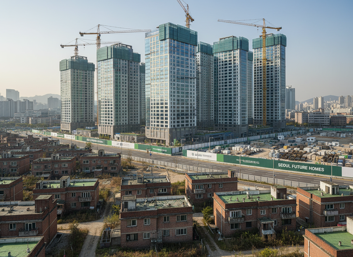 A wide panoramic photographic view of a Seoul redevelopment zone, showing a contrast between aging low-rise villas in muted browns and grays in the foreground and sleek glass-and-steel high-rise apartment towers rising in the background. The scene is set along a broad arterial road with clearly marked construction fencing, cranes, and neatly stacked materials, emphasizing an organized, large-scale project. Captured in crisp afternoon light under a slightly hazy sky, the sun casts clean, defined shadows that highlight building forms. Shot from a slightly elevated angle with sharp focus throughout, the composition feels analytical and professional, ideal for a real estate insights blog focused on redevelopment and reconstruction.