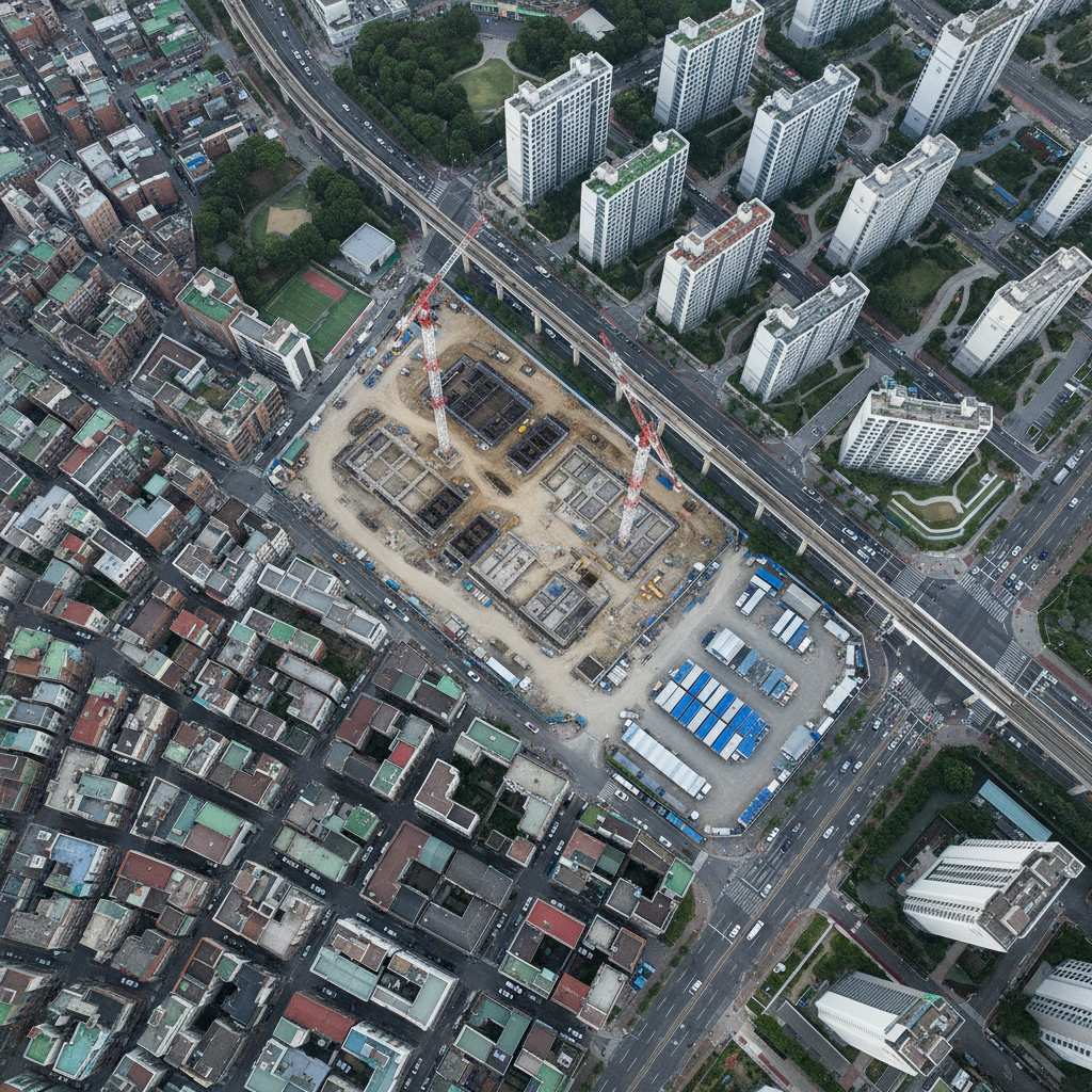 A detailed overhead photographic view of a Seoul neighborhood undergoing 재개발, with irregular blocks of old, tightly packed buildings gradually giving way to neat grids of new apartment complexes. In the center, a clearly defined construction site shows excavated foundations, tower cranes, and orderly site offices. The setting includes surrounding arterial roads, a nearby subway line, and patches of urban green space, all visible from a bird’s-eye perspective. Soft, diffused late-morning light reduces harsh contrast, creating a clear, map-like look. The mood is analytical and strategic, with balanced composition and high clarity, emphasizing urban transformation and long-term planning for a professional real estate analysis site.
